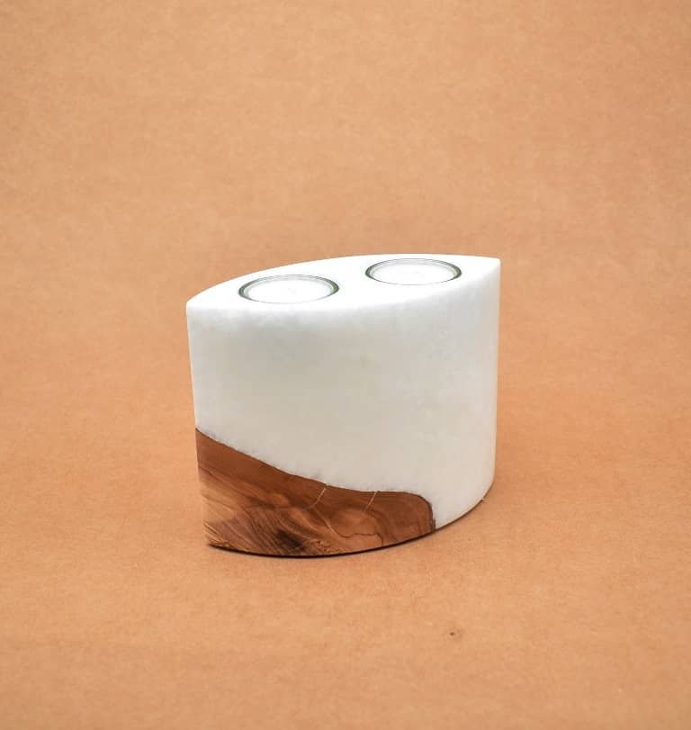 Kerze mit Holz Unikat Oval 80 x 140 x 120 mm mit 2 Teelichter Nr.: 3