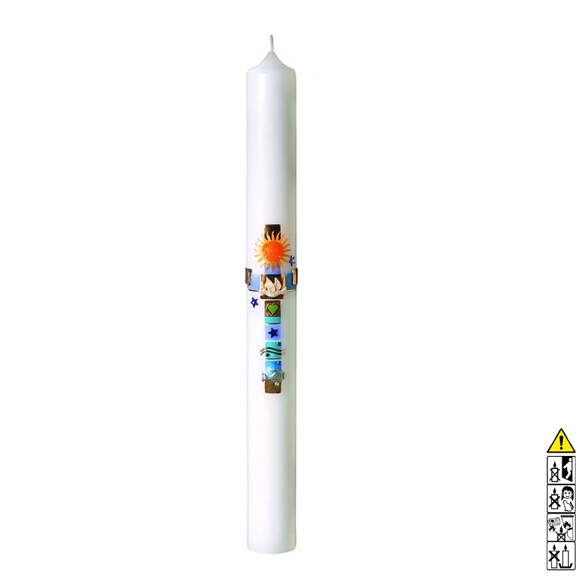 Taufkerze Symbole als Kreuz 400 x 40 mm Taufkerze kaufen mit Motiv Symbole als Kreuz 400 x 40 mm