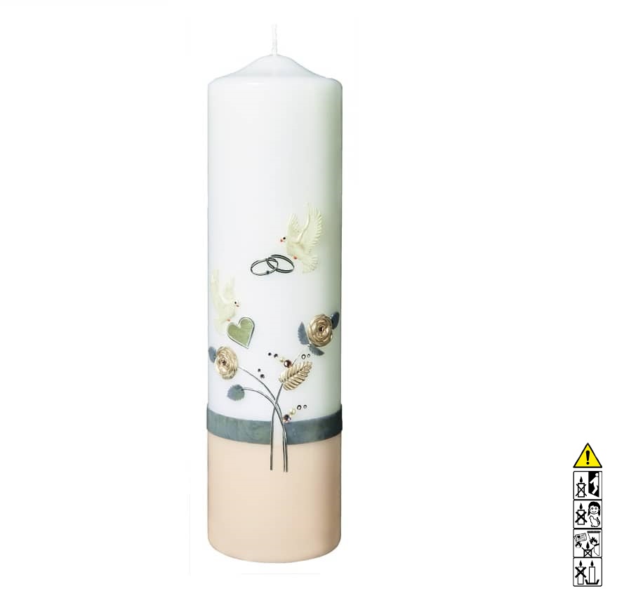 Hochwertige individuelle Hochzeitskerze für die Trauung zwei Tauben mit Herz Rundkerze mit beige 300 x 80 mm