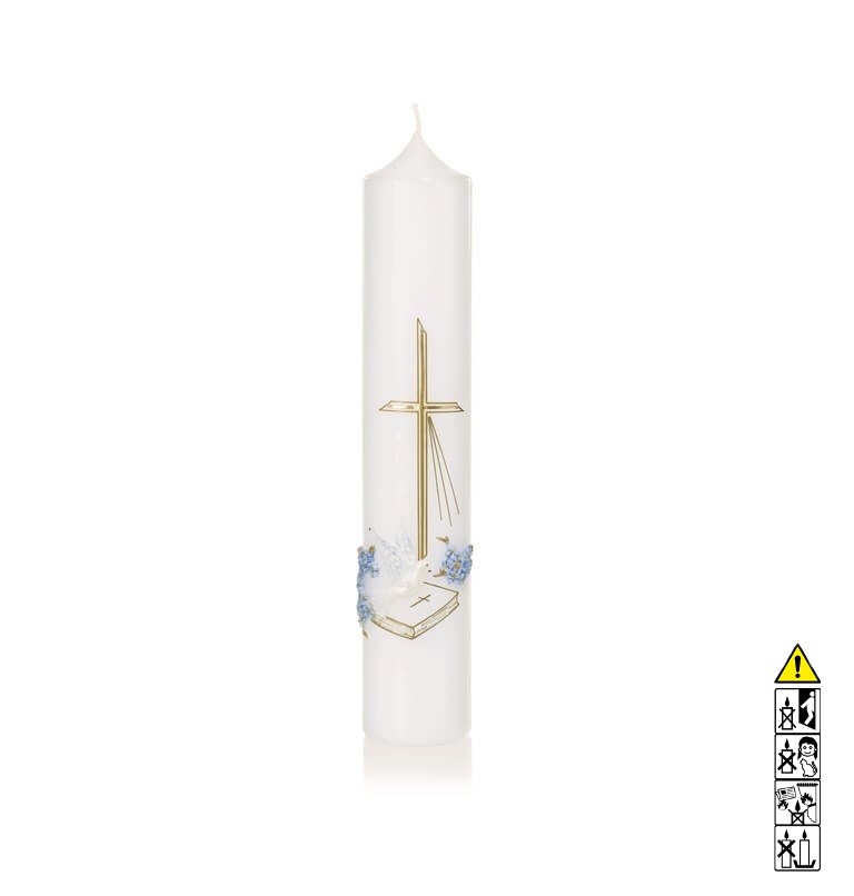 Hochwertige Taufkerze Junge Kreuz und Buch in Gold Blumen in blau und hl. Geist 265 x 50 mm