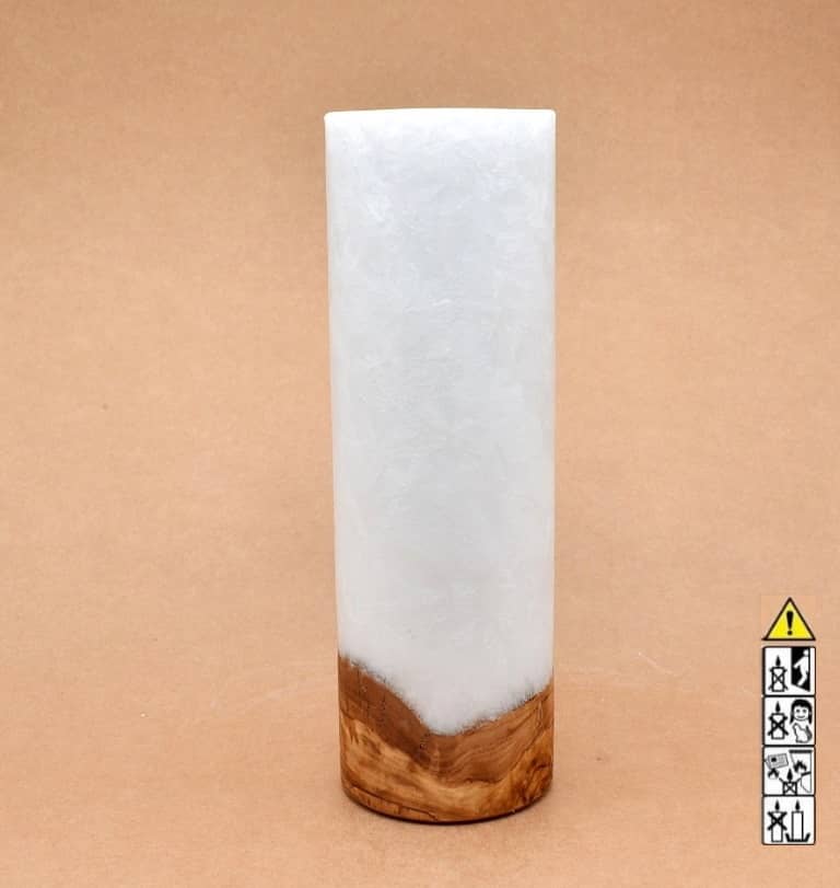 Kerze 80x250mm mit Holzelement, Individuelle, persönliche Hochzeitskerze  Holzkerze, Rund Stearinoptik, Hochzeitskerze mit Teelicht im Kerzen online Shop für Hochzeiten bestellen, günstig kaufen.