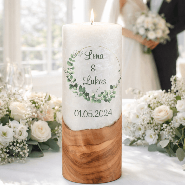 "Eukalyptus Kranz wild" Hochzeitskerze mit Holzelement 30 cm hoch