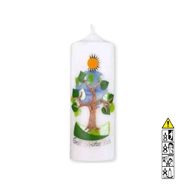 Taufkerze kaufen mit Motiv Gott schütze Dich mit Sonne 200 x 70 mm