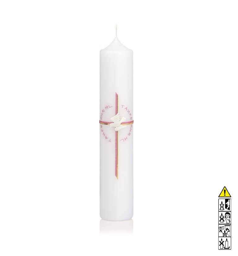Taufkerze Mädchen Kreuz in Rosa mit Taube und Taufspruch Hochwertige Taufkerze Mädchen Kreuz in Rosa mit Taube und Taufspruch 265 x 50 mm