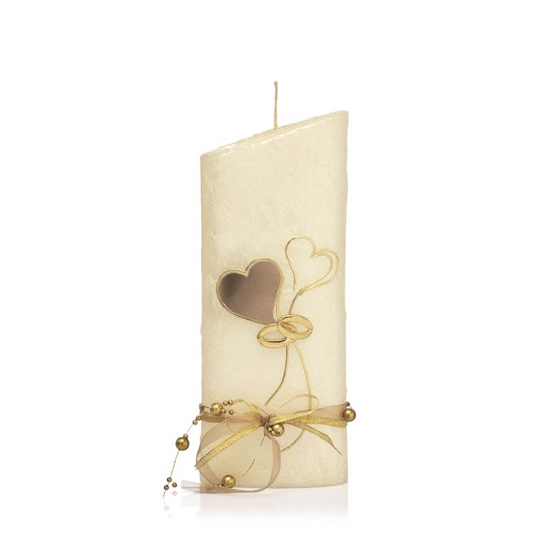 Individuelle Hochzeitskerze kaufen für die Trauung Perlmutt, creme Zwei fliegende Herzen in gold 220 x 85 mm