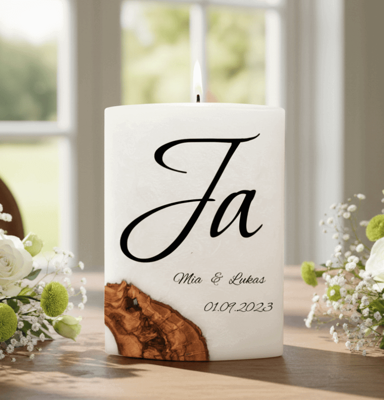"Ja" Hochzeitskerze mit Holzelement 14 x 21 cm oval mit Teelicht oder Docht