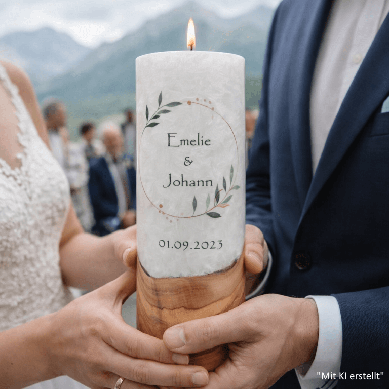 "Olivenkranz" Hochzeitskerze mit Holzelement 30 cm hoch