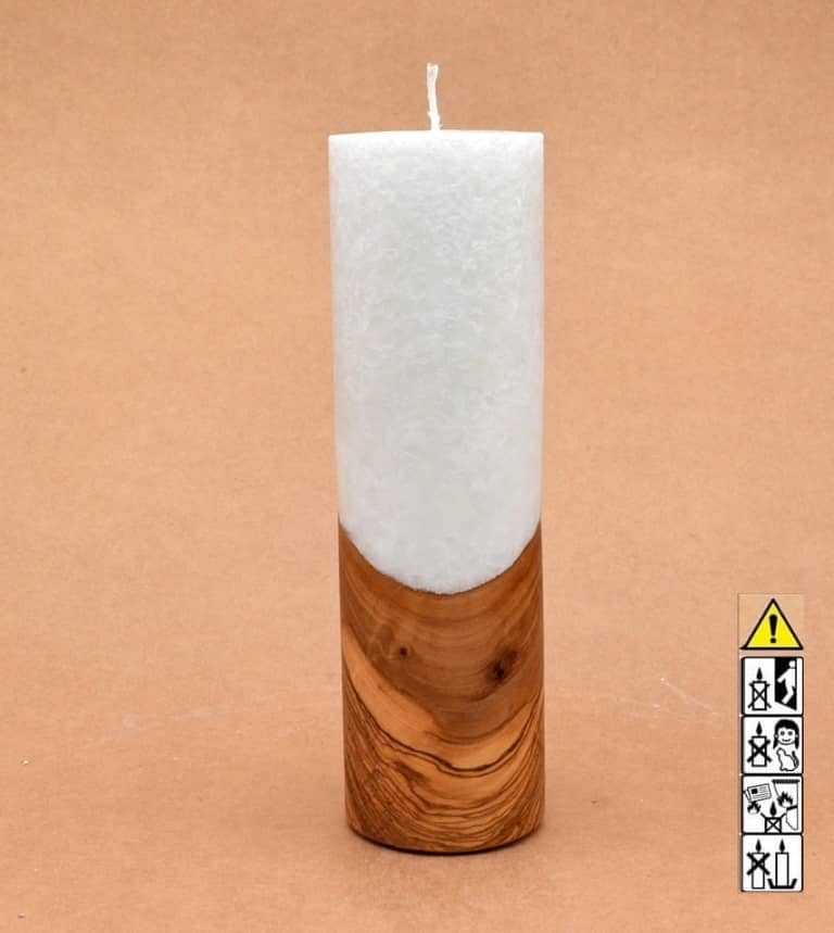 Liebliche Kerze mit Holz Unikat Rund 60 x 200 mm mit Docht Nr.: 5