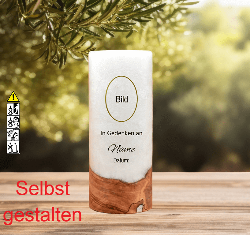 Gedenkkerze mit Holz 8x20cm "In Gedenken an" Gedenkkerze mit Holz 8x20cm "In Gedenken an"