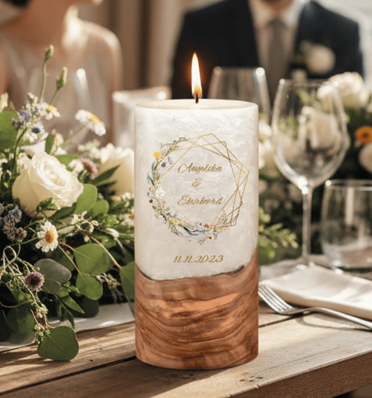 "Frühlingsblumen" Hochzeitskerze mit Holzelement 20 cm hoch