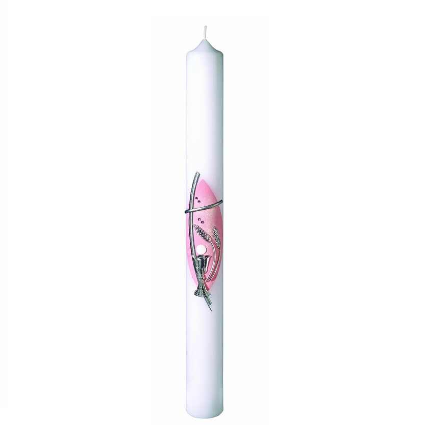 Kommunionkerze und Konfirmationkerze kaufen mit Motiv. Kelch mit Kreuz silber rosa 400 x 40 mm