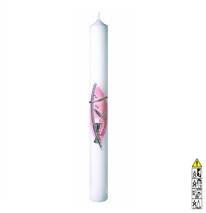 Kommunionkerze / Konfirmationskerze Kelch mit Kreuz silber rosa 400 x 40 mm Kommunionkerze und Konfirmationkerze kaufen mit Motiv. Kelch mit Kreuz silber rosa 400 x 40 mm