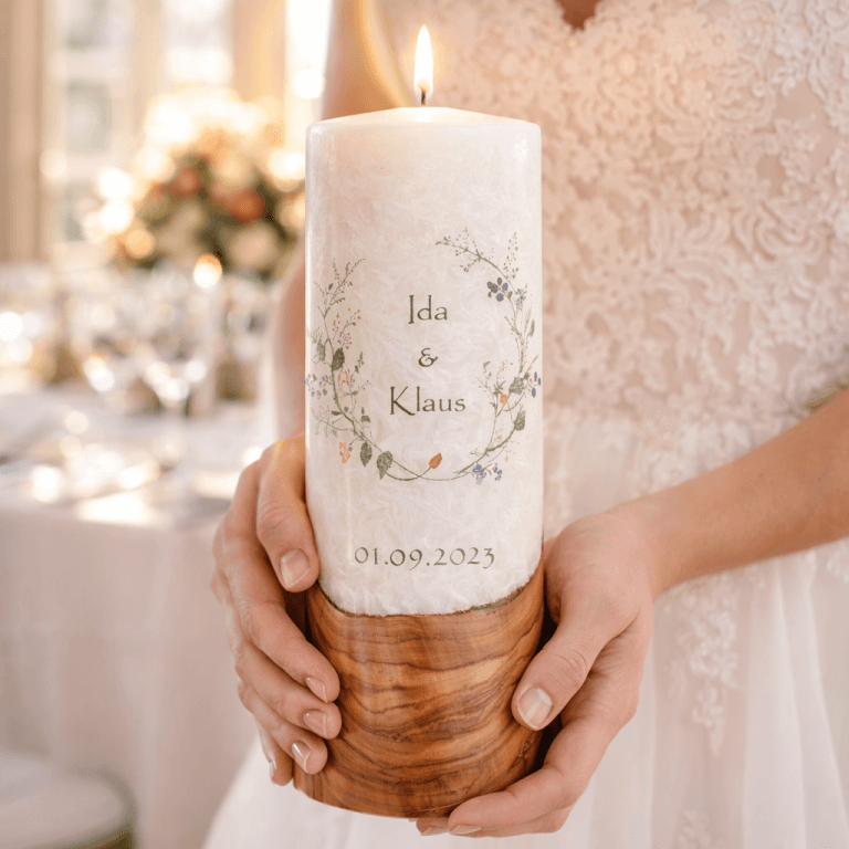 "Wiesenblumen" Hochzeitskerze mit Holzelement 30 cm hoch