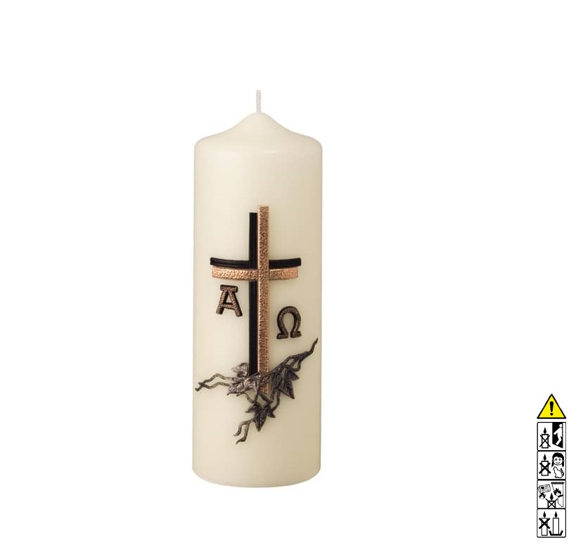 Gedenkkerze elfenbein Kreuz in Bronze Alpha bis Omega 200 x 70 mm Eine edle Kerze für die Trauer und zum Gedenken elfenbein Kreuz in Bronze Alpha bis Omega 200 x 70 mm