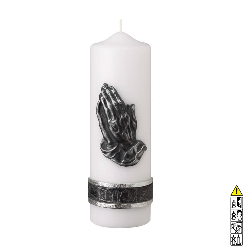Eine edle Kerze für die Trauer und zum Gedenken weiss betende Hände in Zinn 250 x 80 mm
