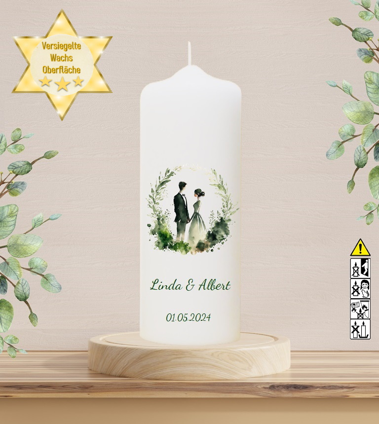 Personalisierte Hochzeitskerze "Brautpaar im Kranz" 25 cm Personalisierte Hochzeitskerze "Brautpaar im Kranz" 25 cm