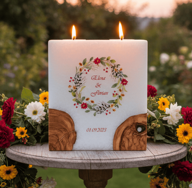 Hochzeitskerze Blumenkranz mit 2 Holzelementen und 2 Teelichter 20 x 20 cm