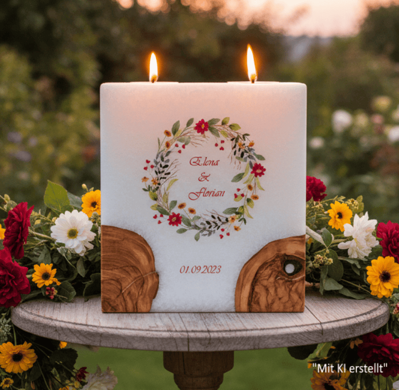 Hochzeitskerze Blumenkranz mit 2 Holzelementen und 2 Teelichter 20 x 20 cm