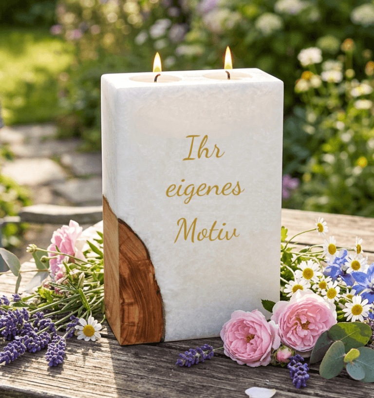 Hochzeitskerze 14 x 21 cm quader mit 2 Teelichter und Holzelement "selbst gestalten"