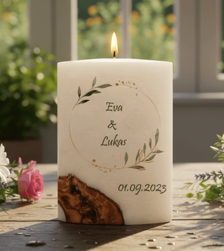 "Olivenkranz" Hochzeitskerze mit Holzelement. 14 x 21 cm oval mit Teelicht oder Docht