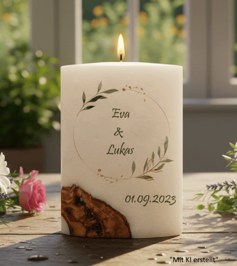 "Olivenkranz" Hochzeitskerze mit Holzelement. 14 x 21 cm oval mit Teelicht oder Docht