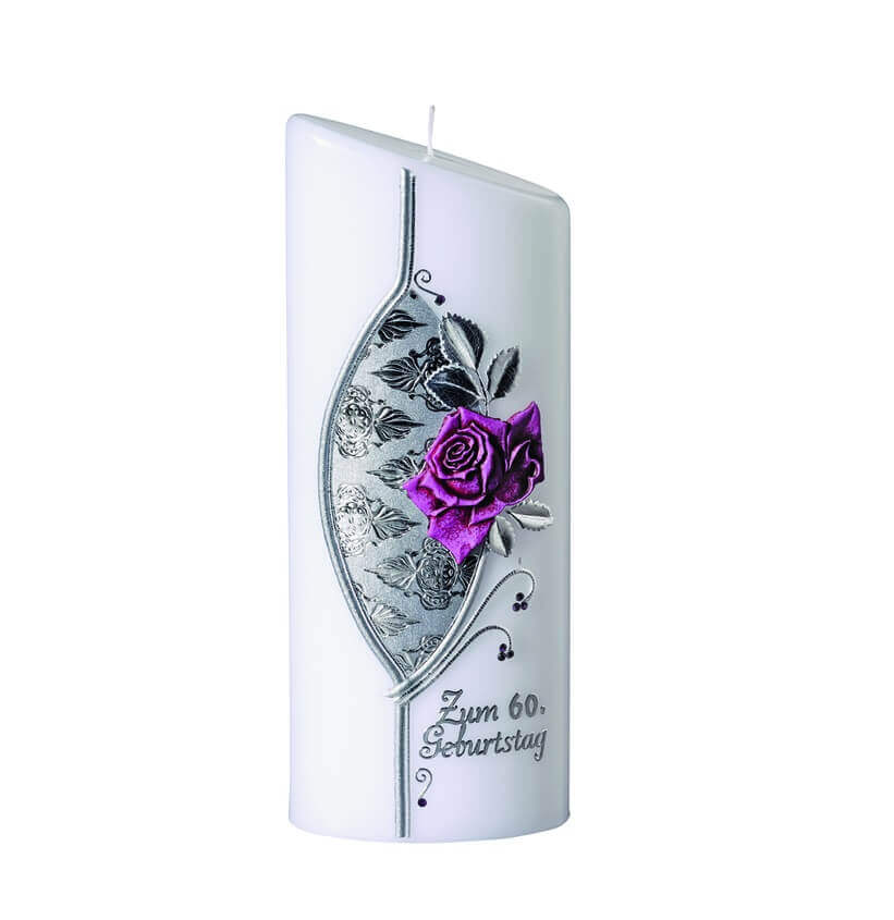 Hochwertige Kerze zum Geburtstag kaufen Rose mit Verzierung in Silber abgeschrägt 230 x 90/55 mm