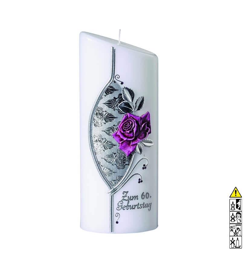 Geburtstagskerze Rose mit Verzierung in Silber abgeschrägt Hochwertige Kerze zum Geburtstag kaufen Rose mit Verzierung in Silber abgeschrägt 230 x 90/55 mm