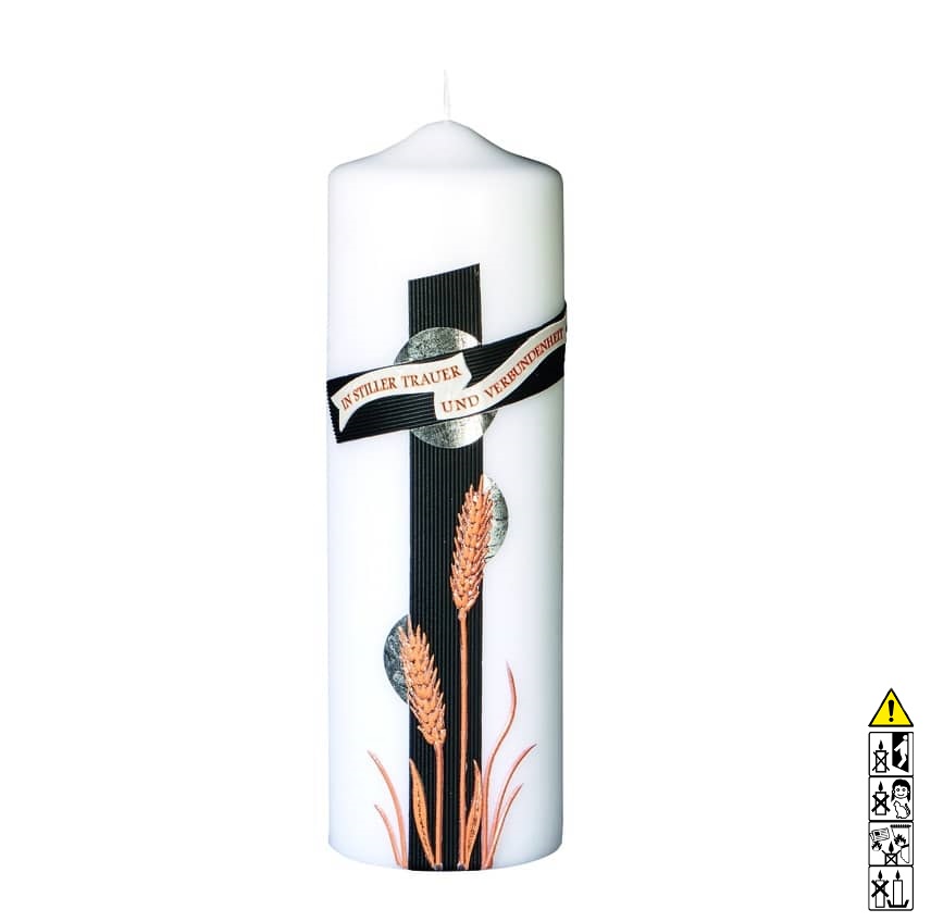 Gedenkkerze weiss Kreuz in schwarz mit Ähren 250 x 80 mm Eine edle Kerze für die Trauer und zum Gedenken weiss Kreuz in schwarz mit Ähren 250 x 80 mm
