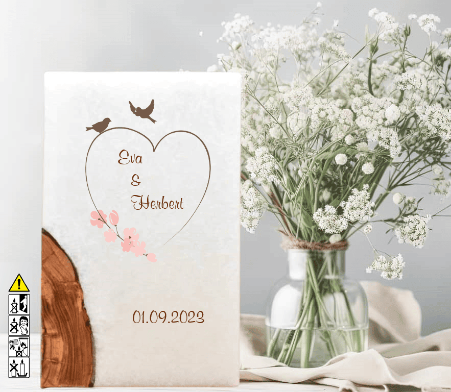 Hochzeitskerze mit Holzelement. Motiv: Vogelpaar günstig in unserem Onlineshop kaufen. Personalisierte Hochzeitskerze online kaufen