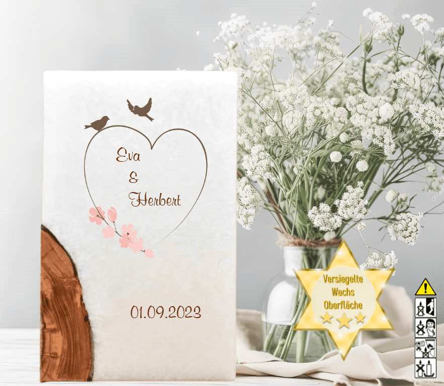 Hochzeitskerze mit Holzelement. Motiv: Vogelpaar günstig in unserem Onlineshop kaufen. Personalisierte Hochzeitskerze online kaufen