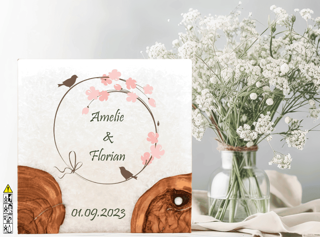 Hochzeitskerze mit Holzelement. Motiv: Vogelpaar günstig in unserem Onlineshop kaufen. Personalisierte Hochzeitskerze online kaufen