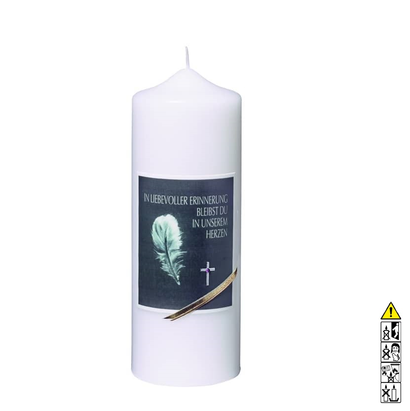 Gedenkkerze weiss Bild mit Feder und Kreuz 200 x 70 mm Eine edle Kerze für die Trauer und zum Gedenken weiss Bild mit Feder und Kreuz 200 x 70 mm
