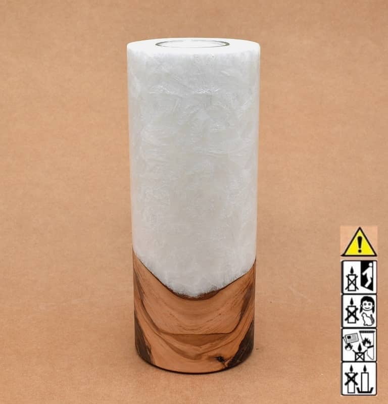 Kerze 80x200mm mit Holzelement, Individuelle, persönliche Hochzeitskerze  Holzkerze, Rund Stearinoptik, Hochzeitskerze mit Teelicht im Kerzen online Shop für Hochzeiten bestellen, günstig kaufen.