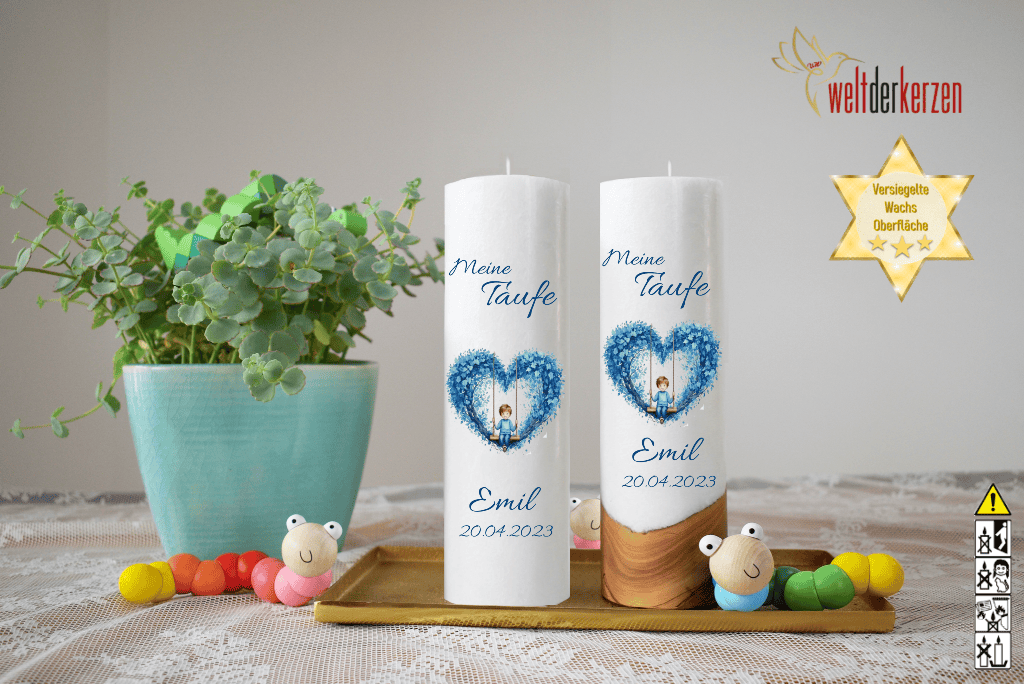 Taufkerze  Ø 6 oder 7 x 25 cm "Herzschaukel in Blau"