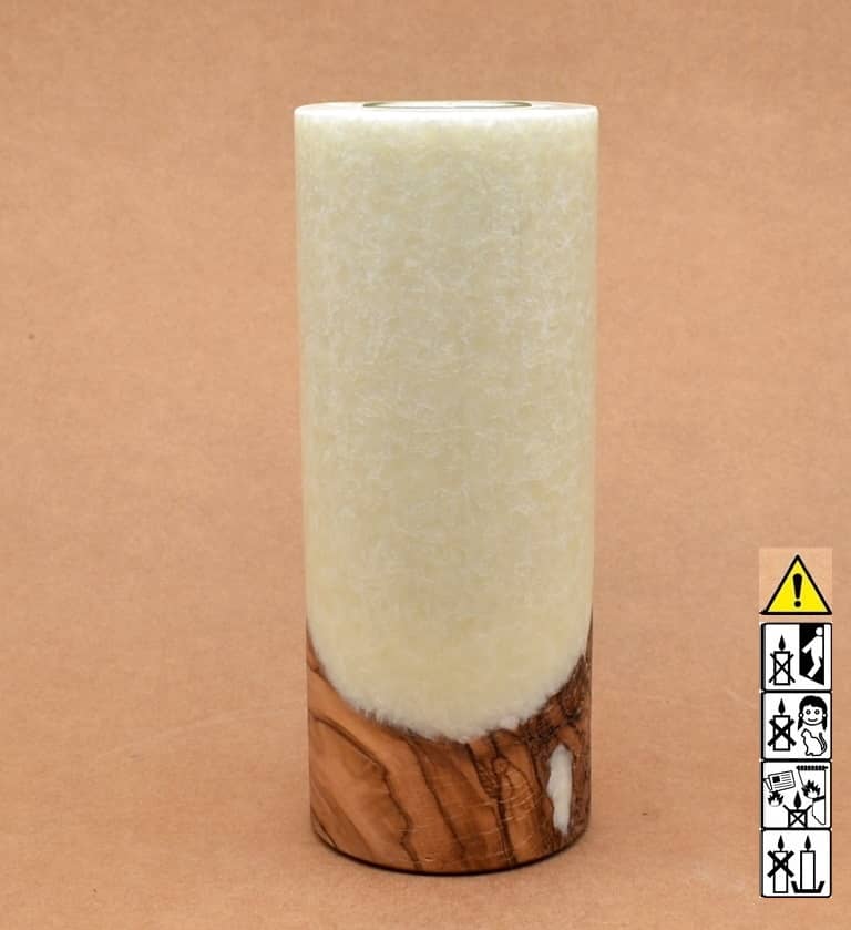 Kerze mit Holz Unikat Rund 80 x 200 mm mit Teelicht in elfenbein Nr.: 5