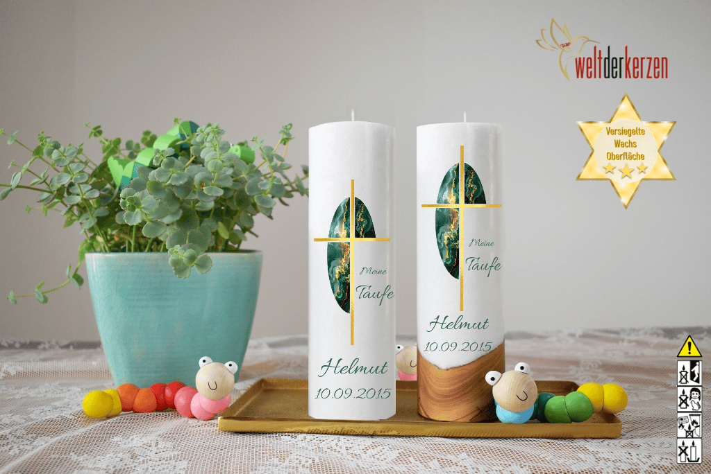 Taufkerze  Ø 6 oder 7 x 25 cm "Kreuz mit Goldverzierung" Taufkerze  Ø 6 oder 7 x 25 cm "Kreuz mit Goldverzierung"