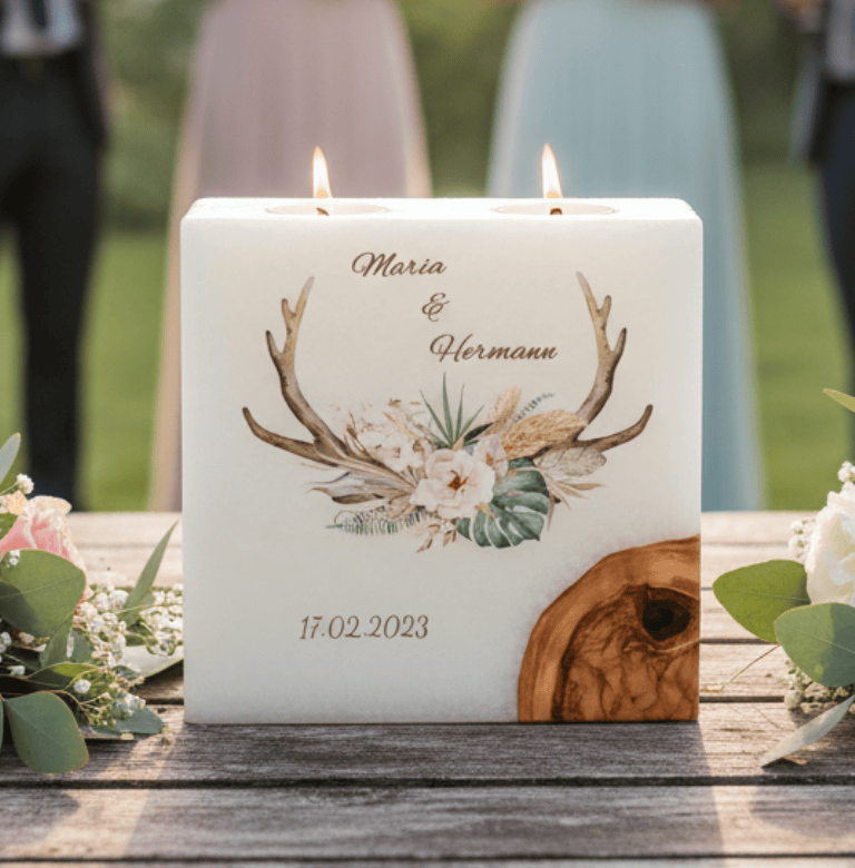 "Geweih" Hochzeitskerze mit 1 Holzelement und 2 Teelichter 20 x 20 cm