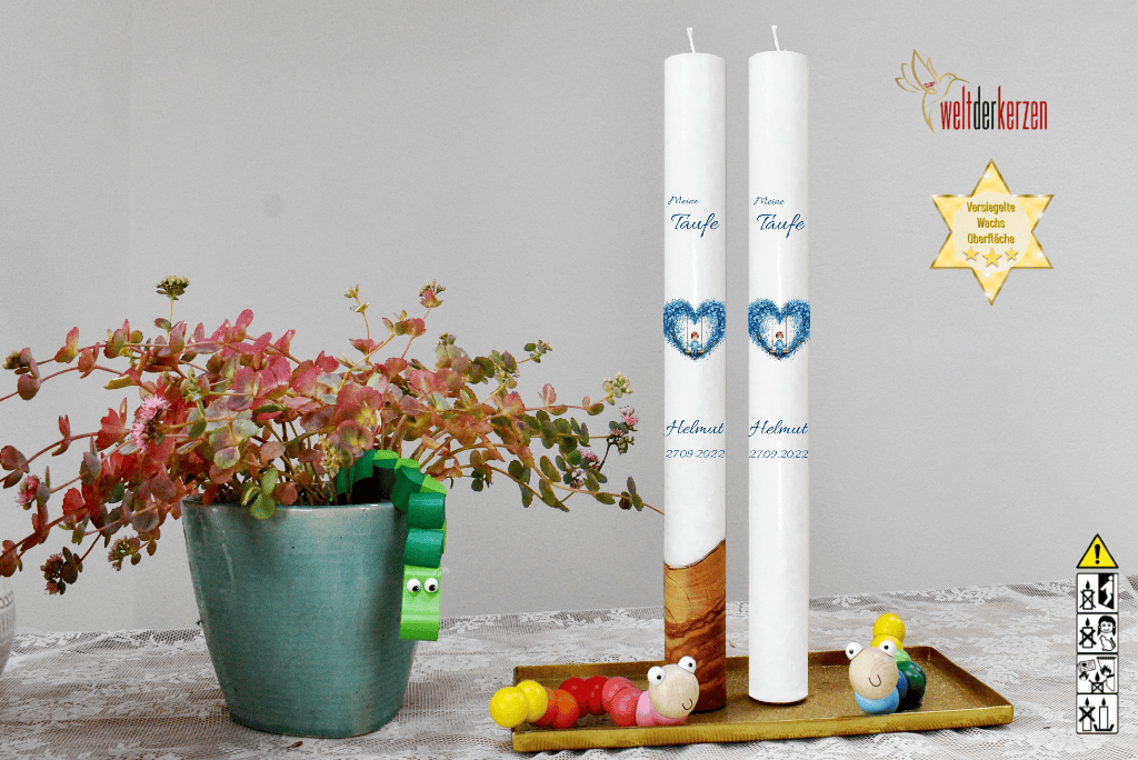 Taufkerze  Ø 4 x 40 cm "Herzschaukel in Blau"