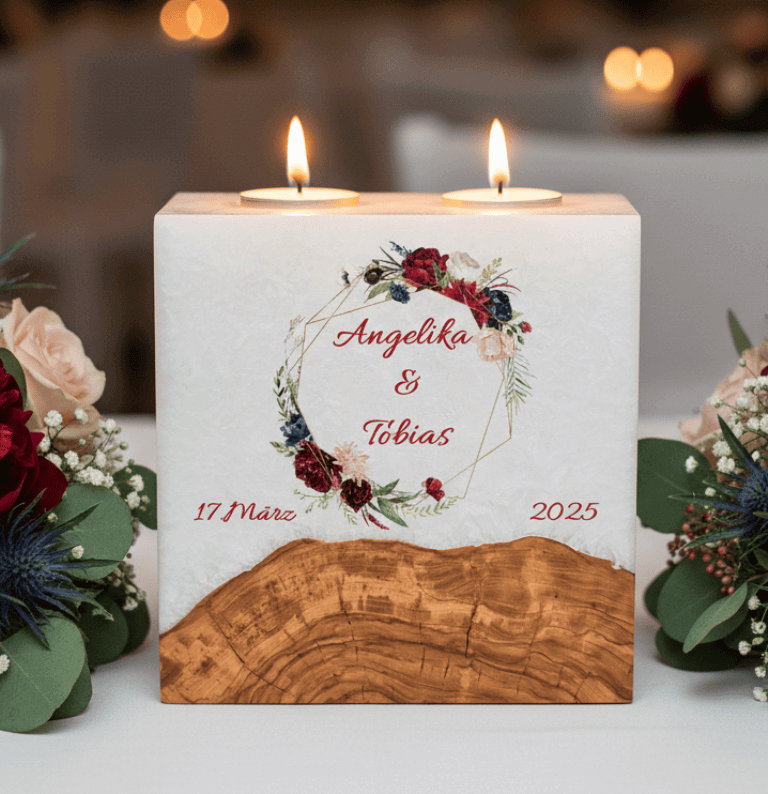 Hochzeitskerze Rosenkranz mit Sockel und 2 Teelichter 20 x 20 cm