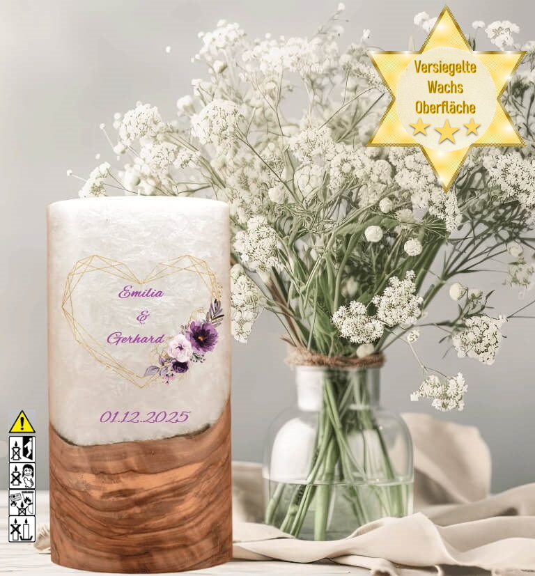"Herz in Lila" Hochzeitskerze mit Holzelement 20 cm hoch "Herz in Lila" Hochzeitskerze mit Holzelement 20 cm hoch