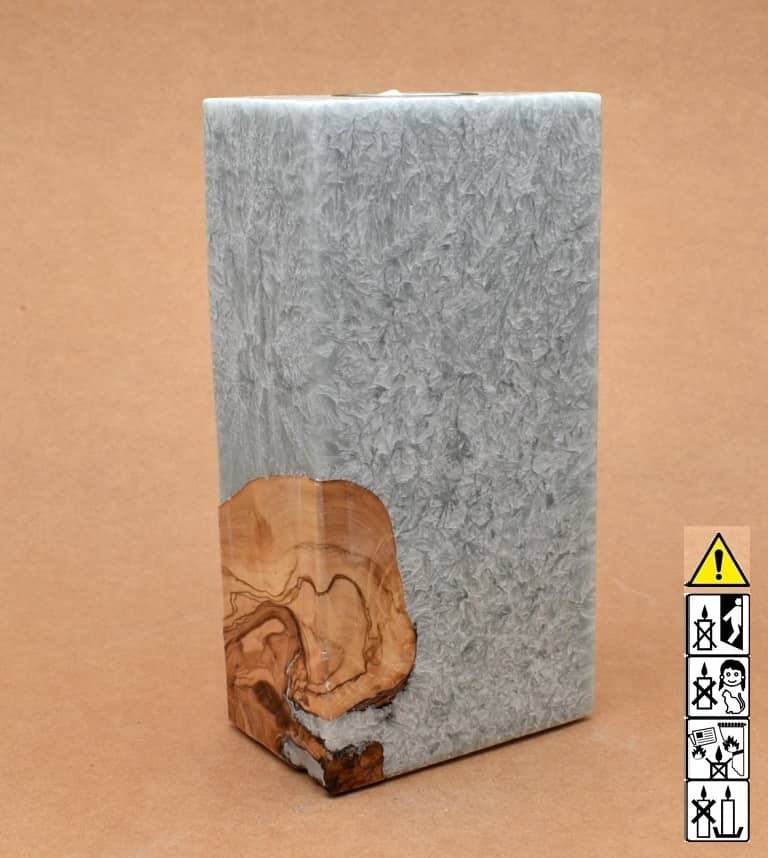 Kerze mit Holz Unikat Quader 70 x 100 x 200 mm mit Teelicht in silbergrau