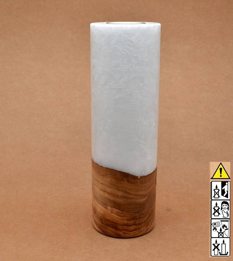Kerze 80x250mm mit Holzelement, Individuelle, persönliche Hochzeitskerze  Holzkerze, Rund Stearinoptik, Hochzeitskerze mit Teelicht im Kerzen online Shop für Hochzeiten bestellen, günstig kaufen.