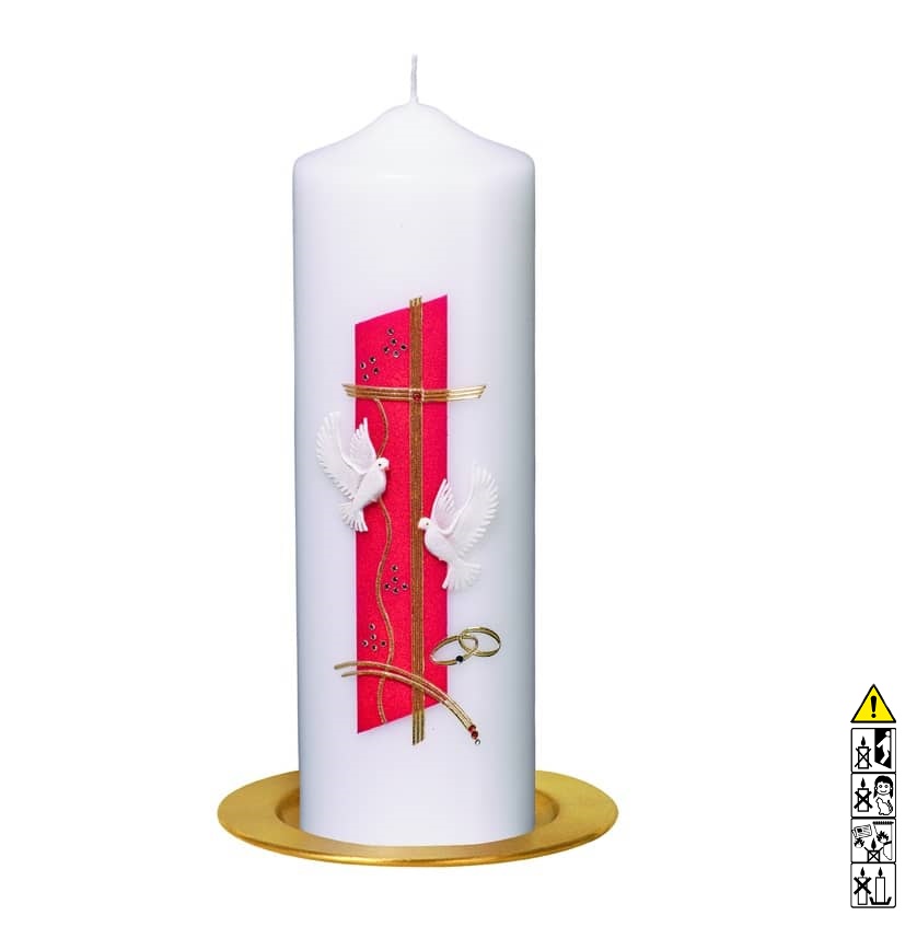 Hochwertige individuelle Hochzeitskerze für die Trauung zwei Tauben mit goldenen Kreuz Rundkerze