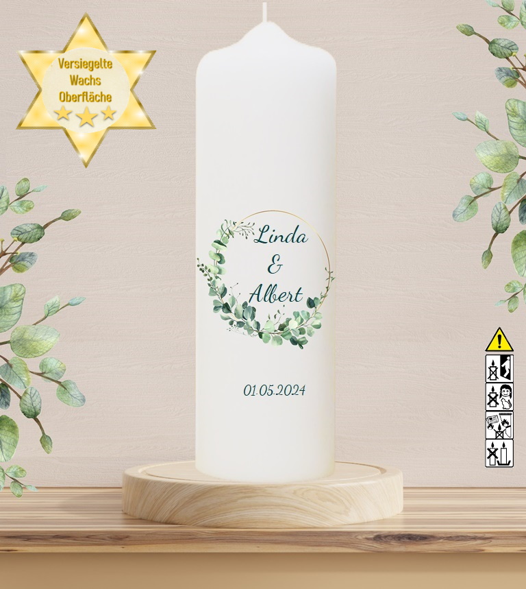 Personalisierte Hochzeitskerze "Eukalyptuskranz wild" 30 cm Personalisierte Hochzeitskerze "Eukalyptuskranz wild" 30 cm