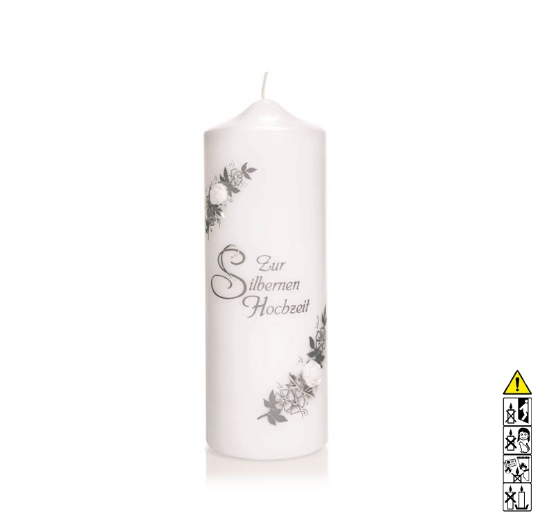 Individuelle Hochzeitskerze kaufen "Zur Silbernen Hochzeit" in silber 220 x 80 mm in weiss