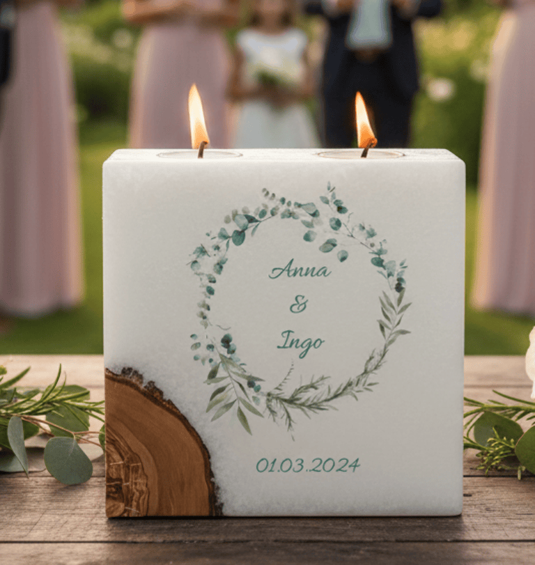 "Eukalyptuskranz 3" Hochzeitskerze mit 1 Holzelement und 2 Teelichter 20 x 20 cm