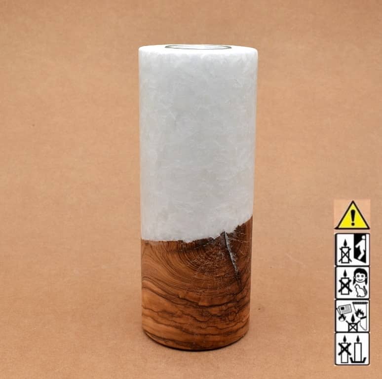 Kerze 80x200mm mit Holzelement, Individuelle, persönliche Hochzeitskerze  Holzkerze, Rund Stearinoptik, Hochzeitskerze mit Teelicht im Kerzen online Shop für Hochzeiten bestellen, günstig kaufen.