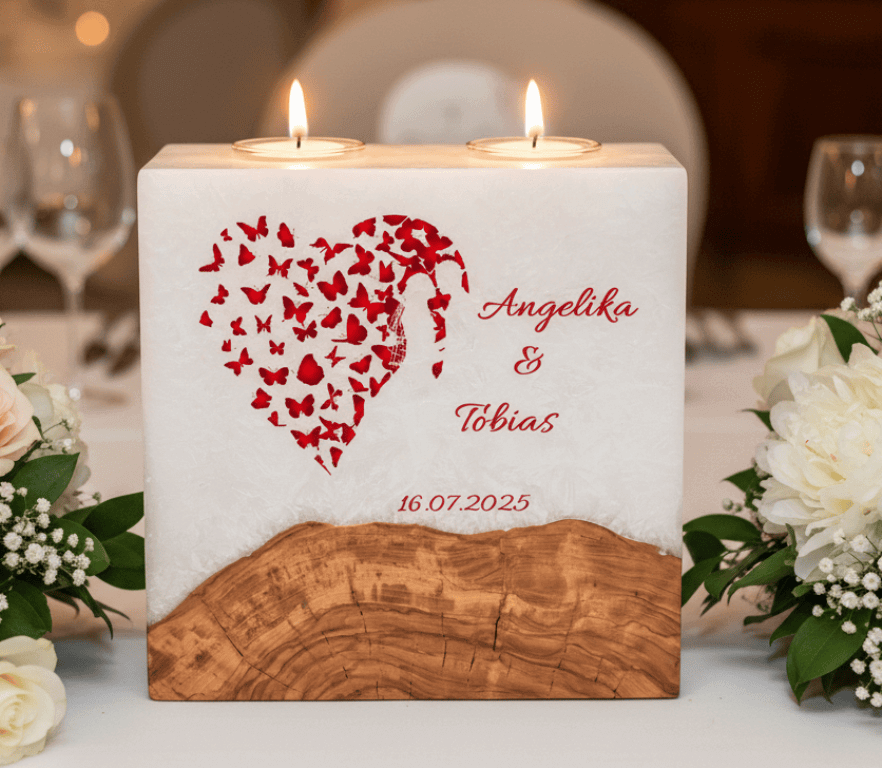 Hochzeitskerze Brautpaar im Herz mit Sockel und 2 Teelichter 20 x 20 cm