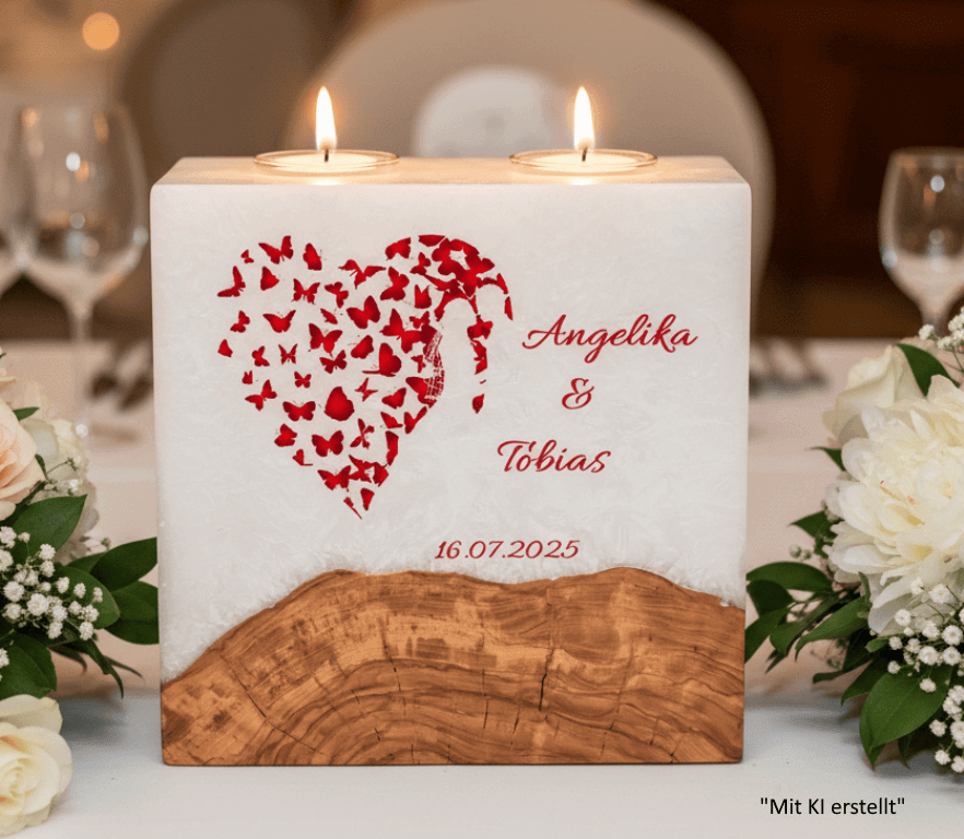 Hochzeitskerze Brautpaar im Herz mit Sockel und 2 Teelichter 20 x 20 cm