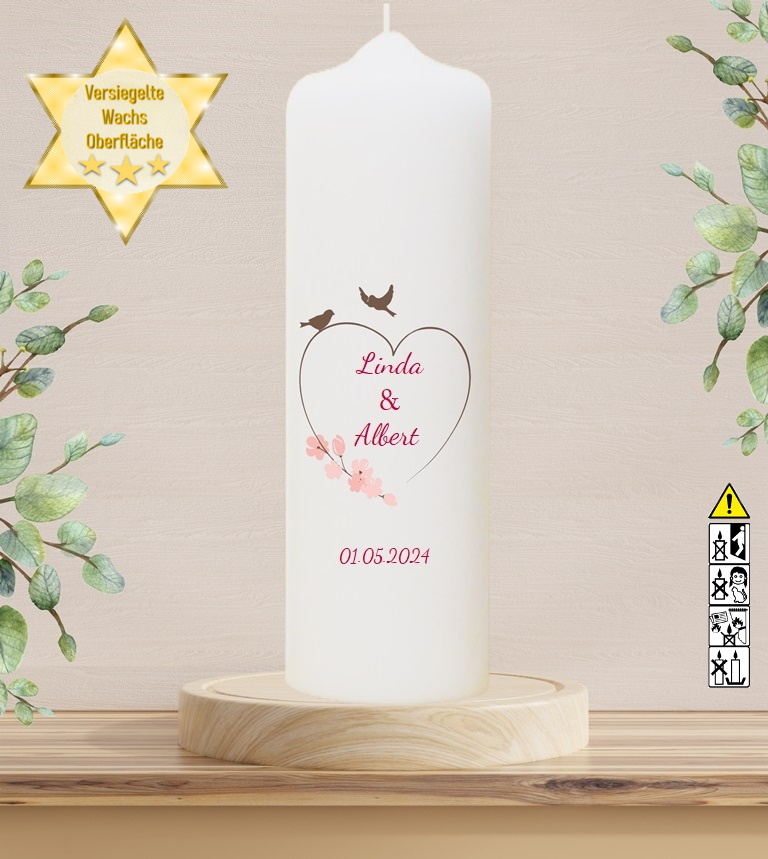 Personalisierte Hochzeitskerze "Vogelpaar Herz" 30 cm Personalisierte Hochzeitskerze "Vogelpaar Herz" 30 cm